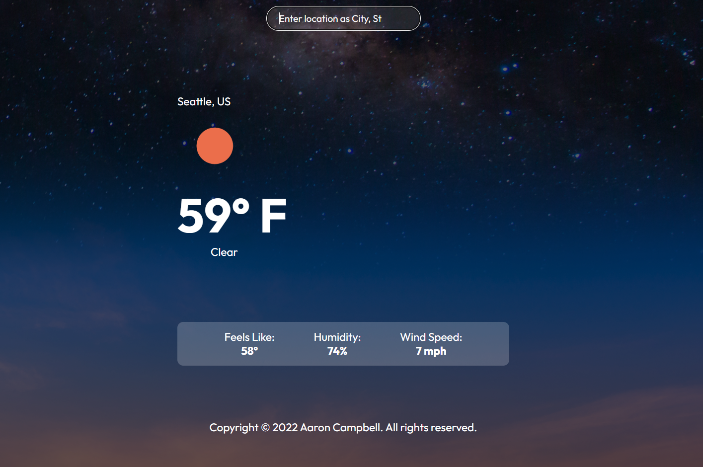 Screenshot of the React Weather app